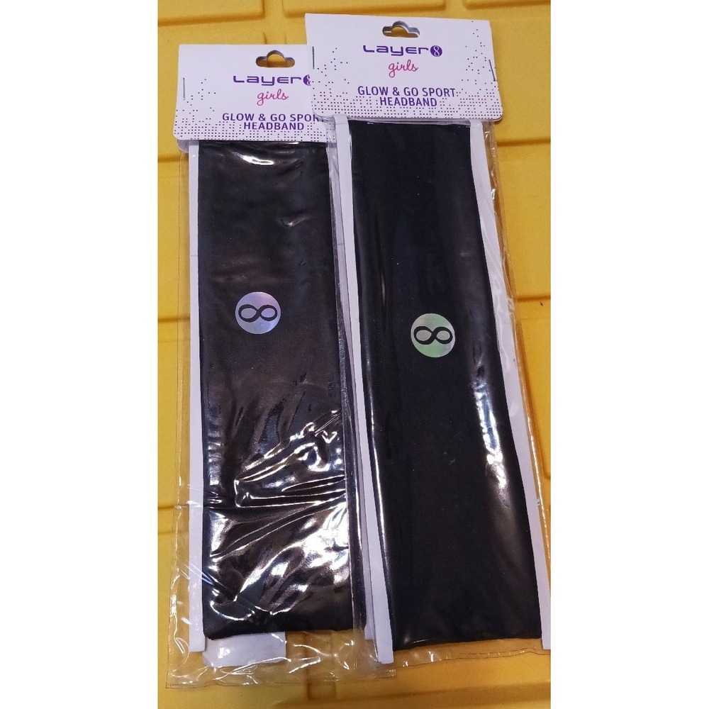 NEW Layer 8 Girls Black Glow &‎ Go Sport Headbands x2